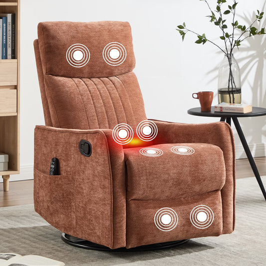 Swivel Rocker Recliner, Fabric 360°Swivel Rocking Chair with Massage and Heat, Glider Rocking Recliner for Nursery, Small Rocker Chair Manual Recliner for Home Theater Living Room, Orange